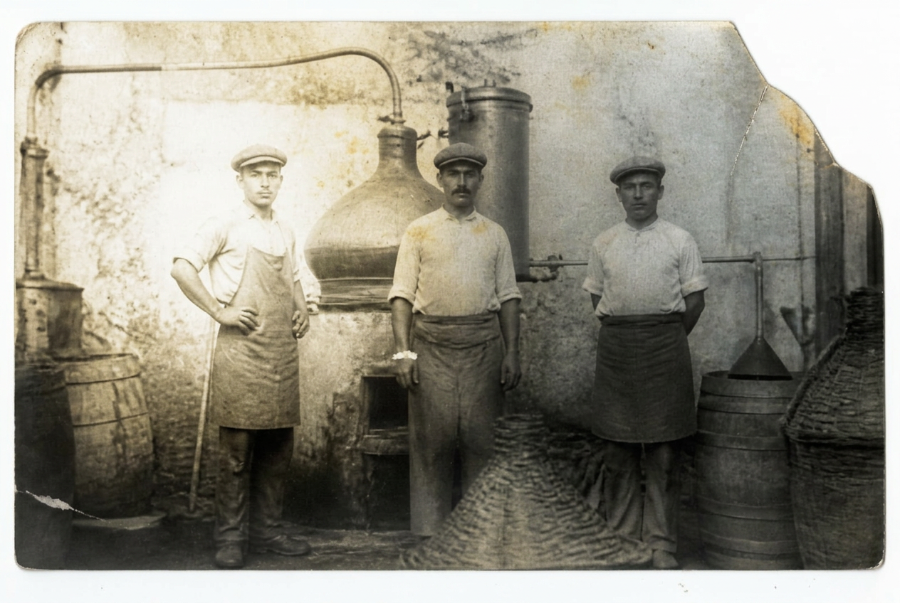 Fotografia d'archivio della distilleria Antonelli nel 1937 con alambicchi di rame